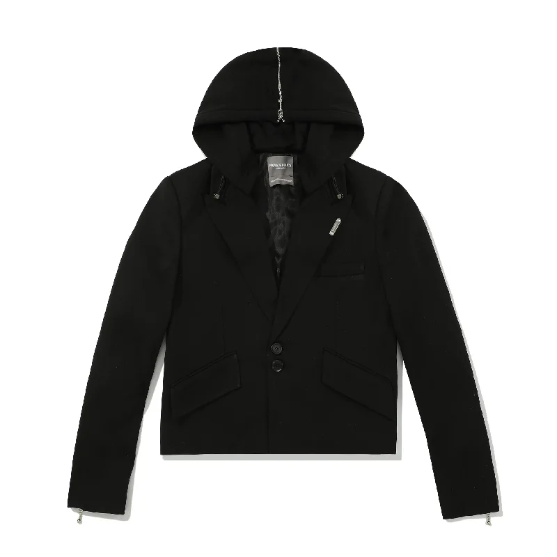 Sporty Zip-up Jacket-Varsity Hoodie Suit Jacket - Black