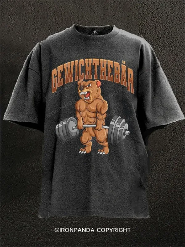 Funny Animal Graphic T-shirt-Weight Lifting Bear Washed Gym Shirt