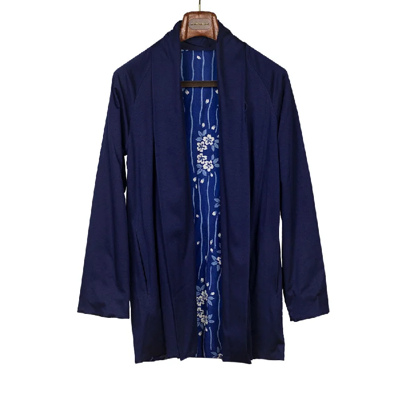 Heavy-duty Outdoor Jacket-Reversible indigo cotton and lyocell kimono jacket with "flower raft" bassen relief print