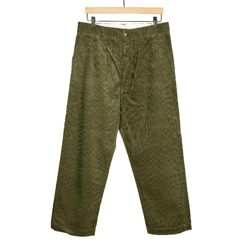 Custom Design Pants-Two tuck trousers in olive cotton corduroy