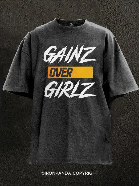 Graphic Tee For Casual Wear-Gainz over Girlz Washed Gym Shirt