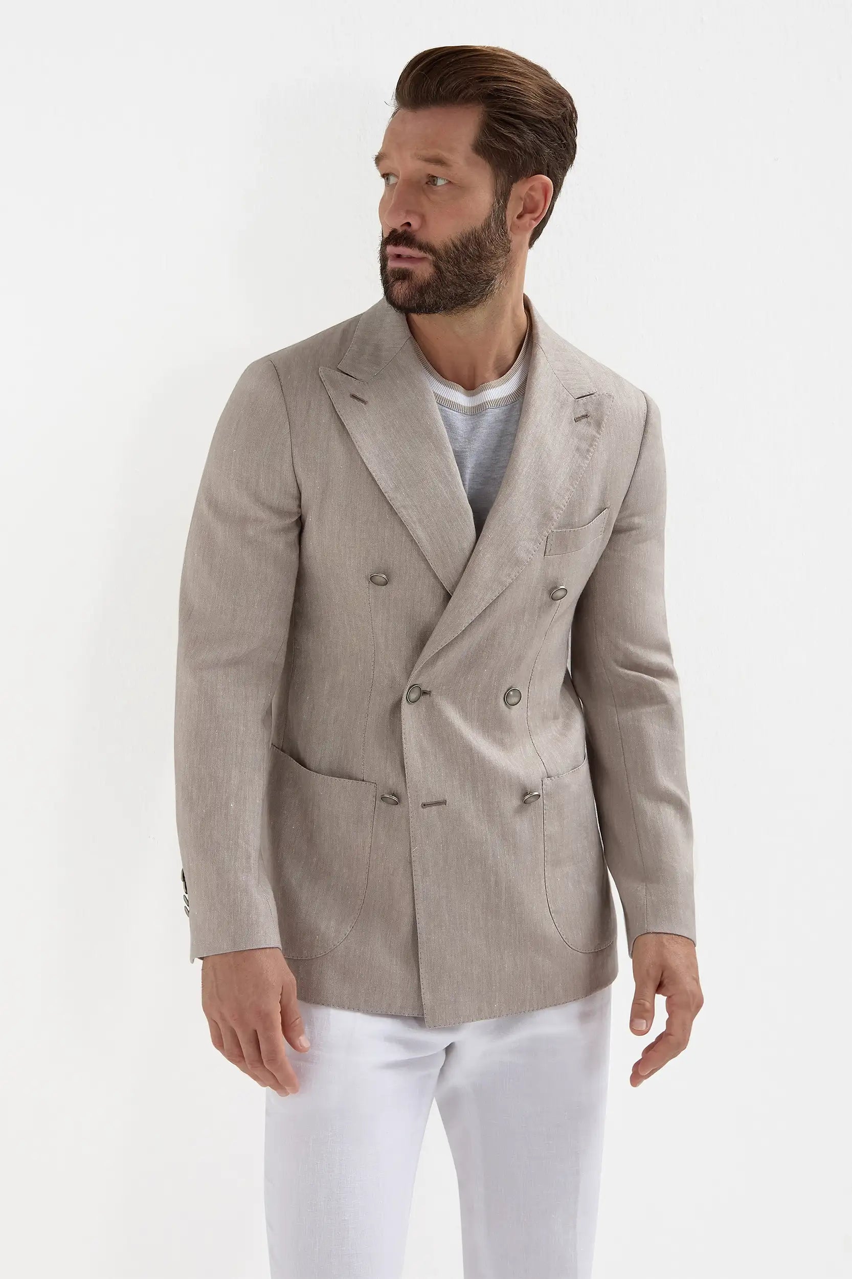 Stylish Bomber Jacket-Taupe herringbone double breasted jacket - Made in Italy