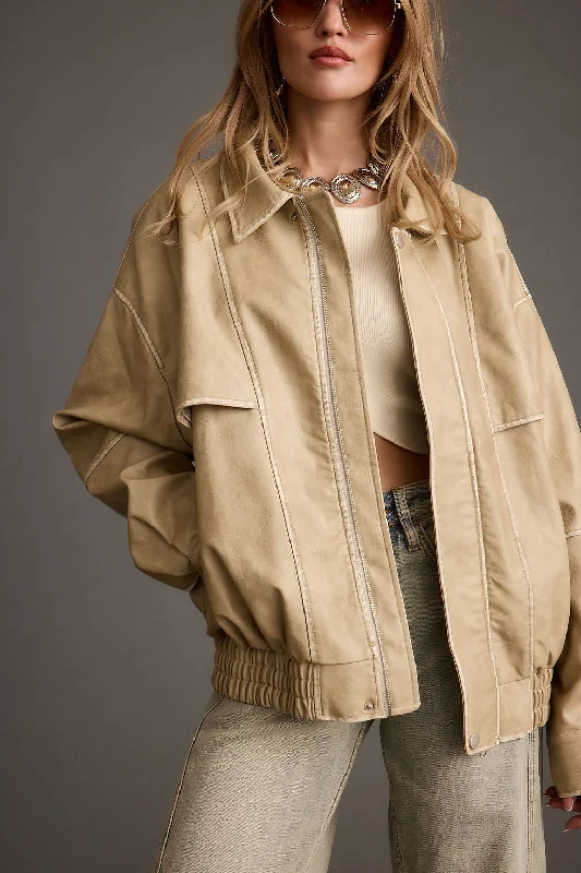 Comfortable Hoodie Jacket-London Calling Light Taupe Oversized Faux Leather Jacket