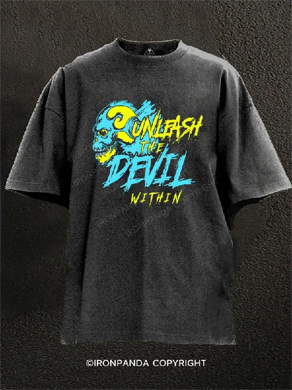 Sports-themed Graphic T-shirt-UNLEASH THE DEVIL Washed Gym Shirt