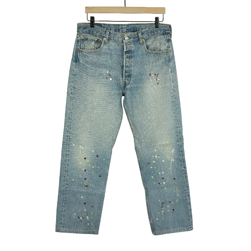 Cozy Fleece Pajama Pants-Vintage Levis 501 jeans with embroidered paint splatter, light wash