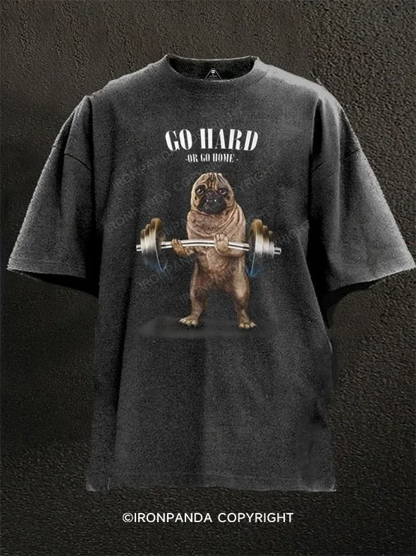 Graphic Print T-shirt-Pug Weightlifting Go Hard Or Go Home Washed Gym Shirt