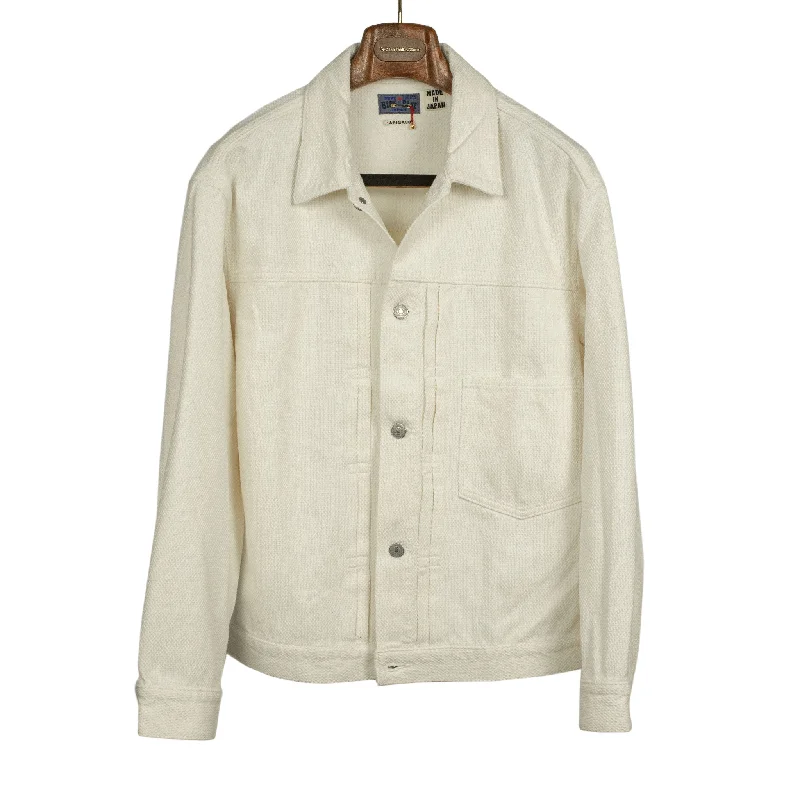 Rugged Outdoor Jacket-Type 1 trucker jacket in ecru cotton sashiko