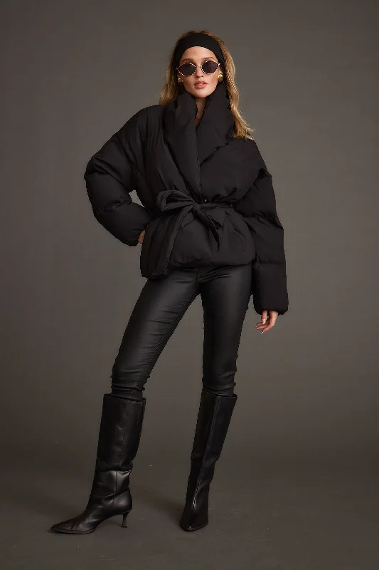 All-weather Outdoor Jacket-Maverick Black Belted Puffer Coat