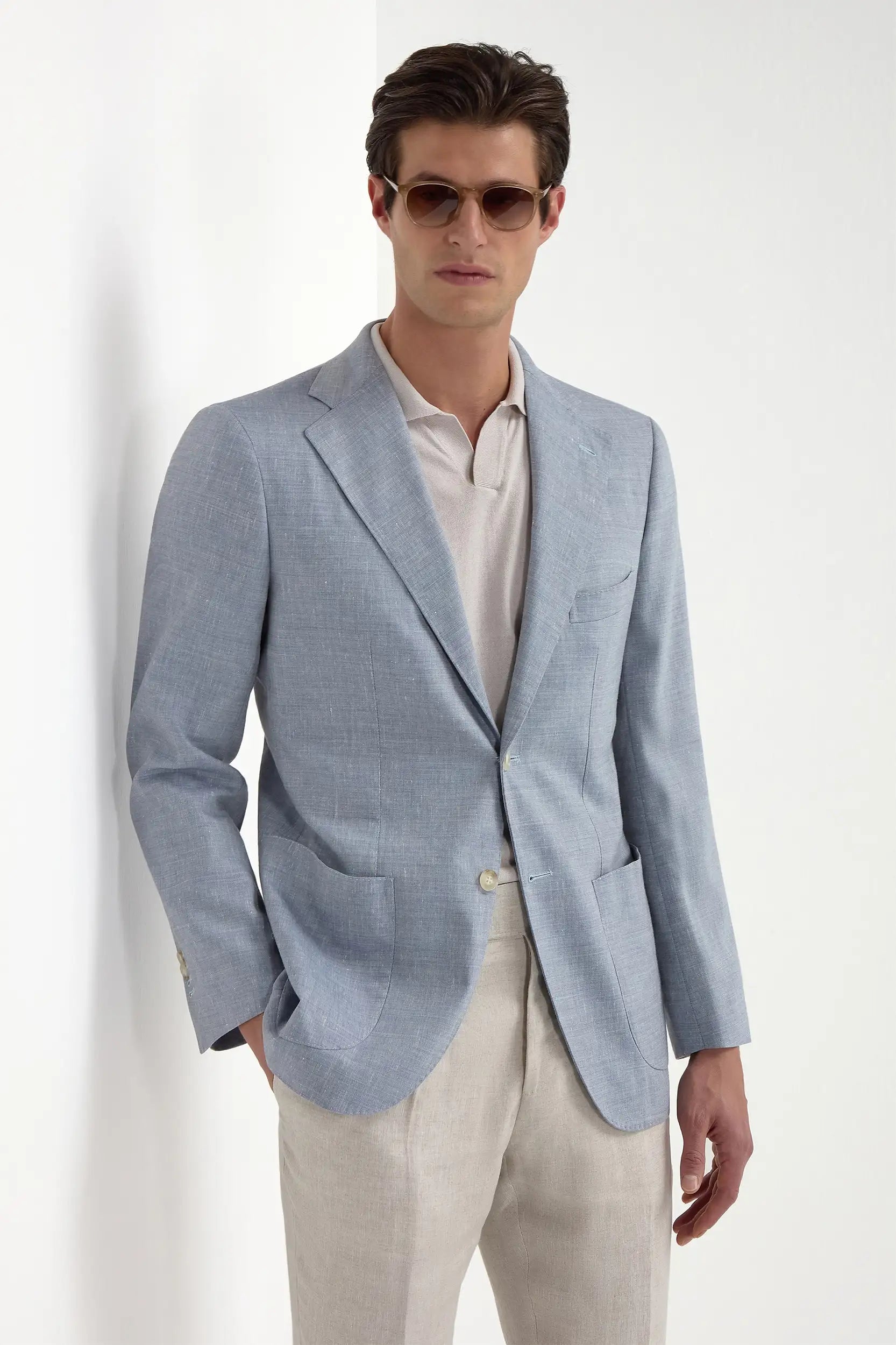 Soft Cotton Jacket-Light blue wool and linen jacket - Made in Italy