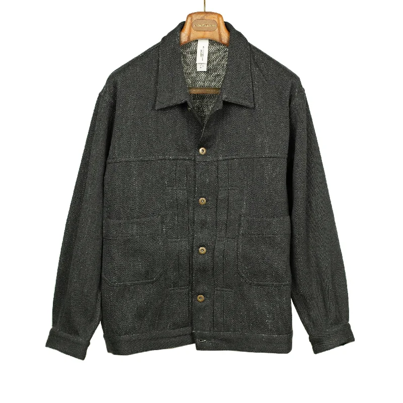 All-weather Outdoor Jacket-Type 2 trucker jacket in black slubby handwoven cotton denim