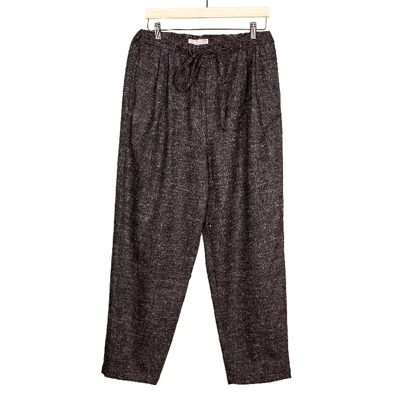 Classic Tapered Pants-Pleated drawstring trousers in brown, navy and white speckled wool