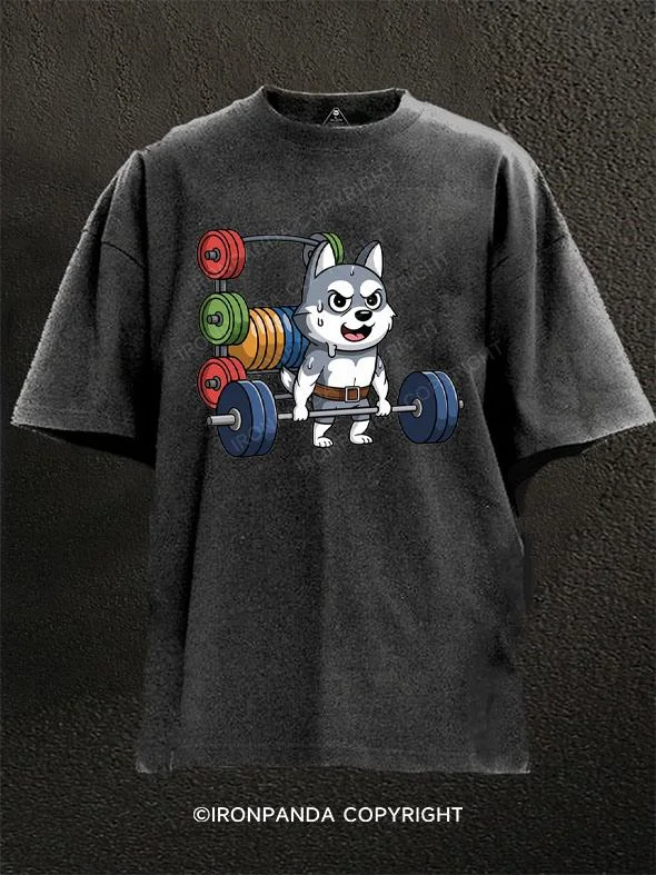 Basic Crewneck T-shirt-Husky busy doing deadlift Washed Gym Shirt