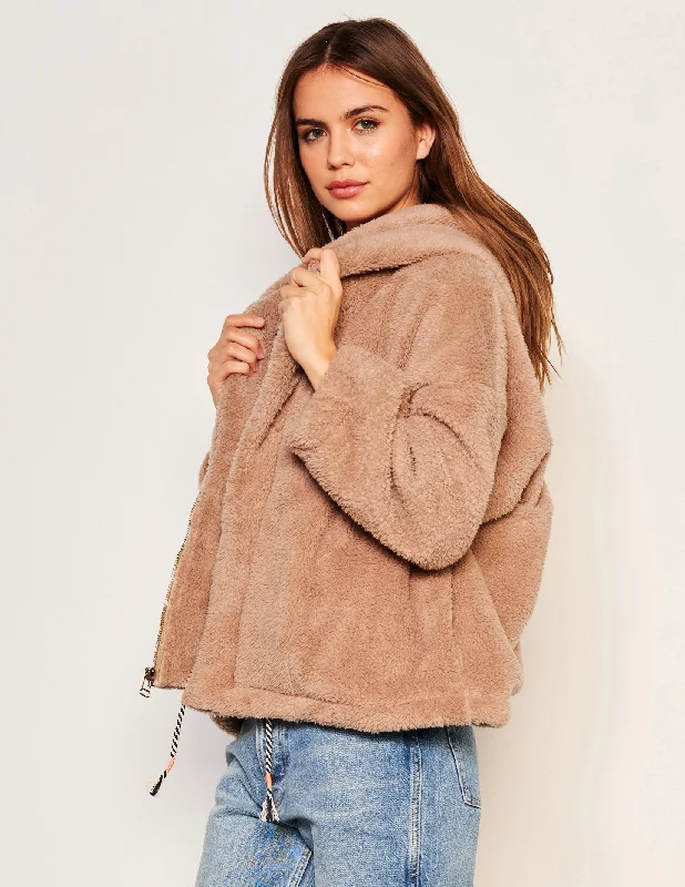 Soft Stretch Jacket-Sundry Sherpa Hooded Coat in Taupe