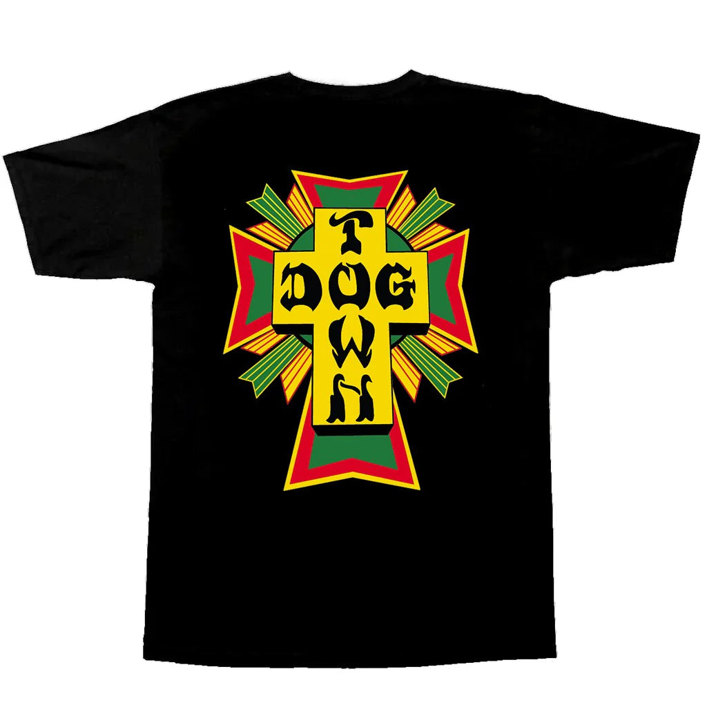 Hand-drawn Graphic T-shirt-Dogtown Skates Rasta Cross T-Shirt - Black