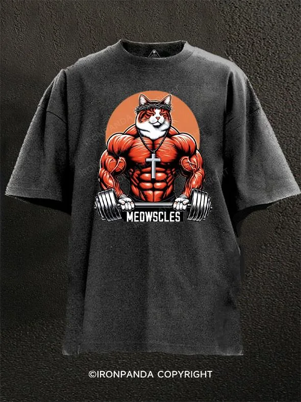 Tropical Graphic T-shirt-Dead Lift Meowscles Funny Cat Washed Gym Shirt