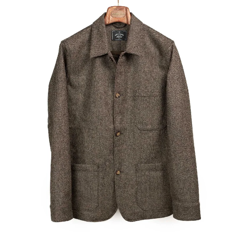 Relaxed Fit Sports Jacket-Labura chore coat in brown and black herringbone brushed wool