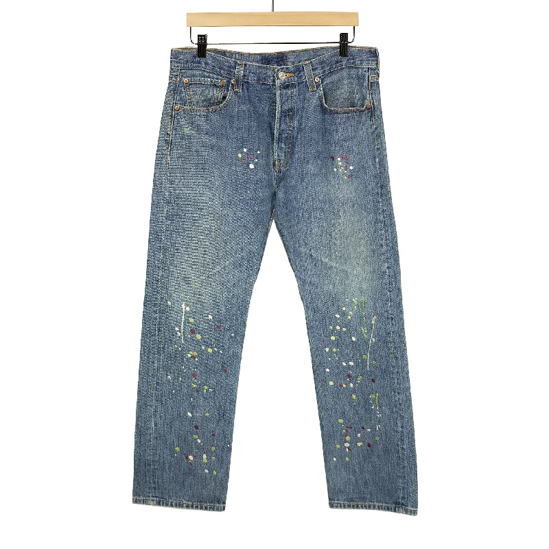 Soft Wool Lounge Pants-Vintage Levis 501 jeans with embroidered paint splatter, medium wash