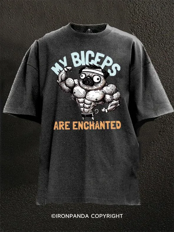 High-quality Cotton T-shirt-my biceps are enchanted pug Washed Gym Shirt