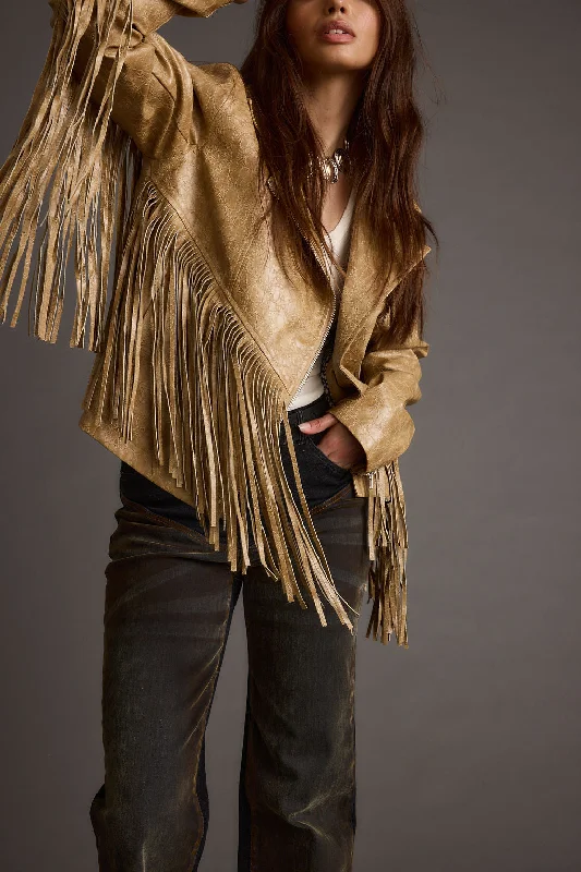 Custom Logo Jacket-Phoenix Taupe Vegan Leather Moto Fringe Jacket