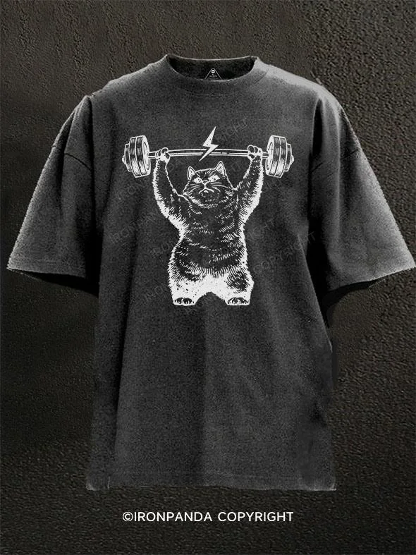 Oversized Graphic Tee-cat weightlifting Washed Gym Shirt