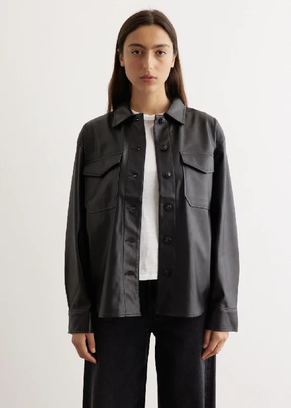 Military Style Jacket-Camilla Faux Leather Shirt Jacket