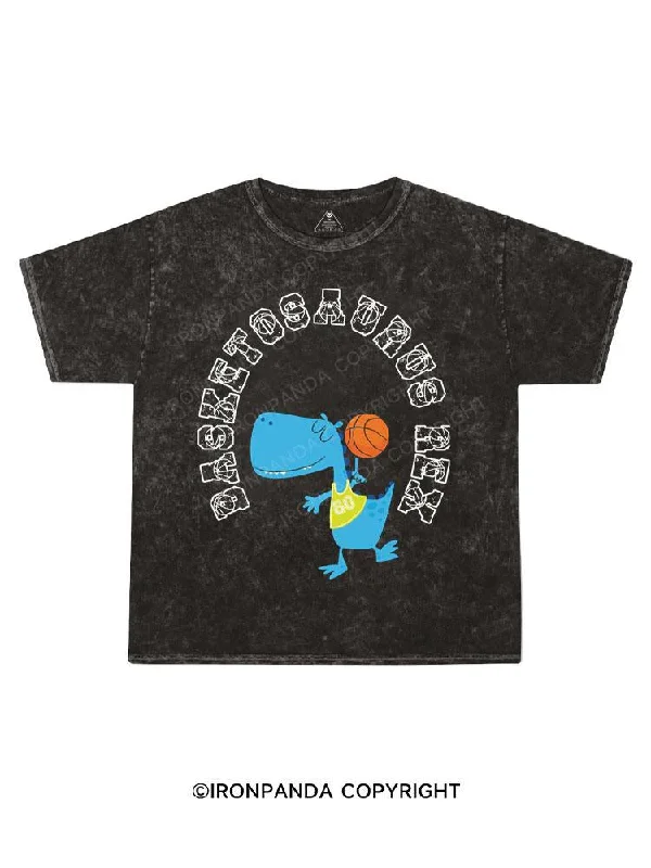 Printed Oversized T-shirt-Dinosaur Playing Basketball Kids Washed T-Shirt