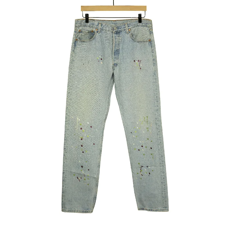 Comfortable Cargo Joggers-Vintage Levis 501 jeans with embroidered paint splatter, light wash