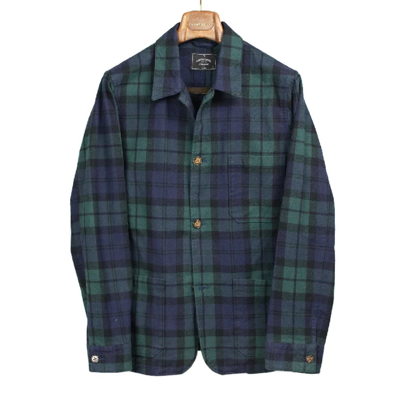 Adjustable Hood Jacket-Labura chore coat in blackwatch plaid cotton