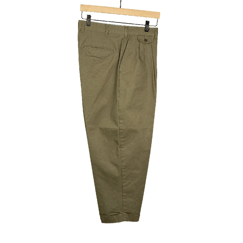 Soft Stretch Denim Pants-Two pleat trousers in olive green cotton twill