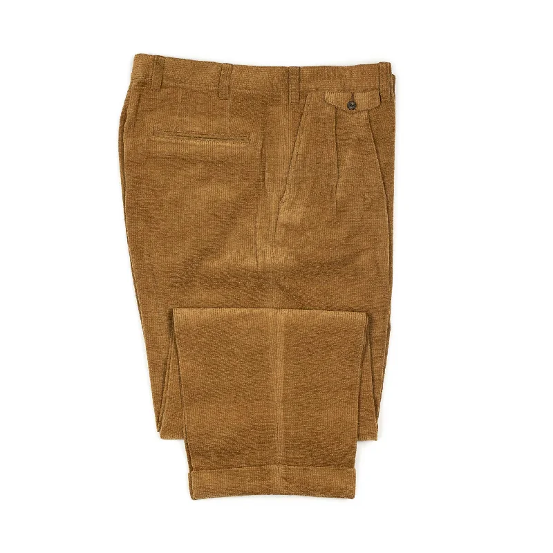 Casual Cotton Pants-Double pleated trousers in golden brown cotton mole tweed