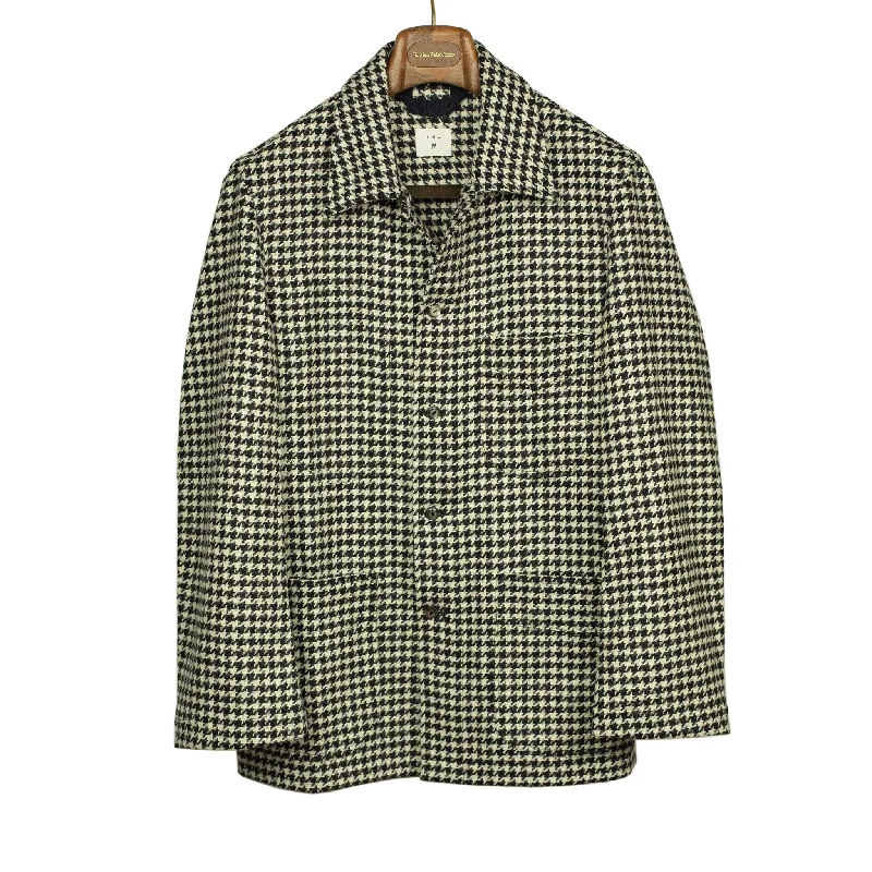 Stylish Anorak Jacket-"Le Cat Posh Plage" coat in ecru and black houndstooth wool tweed