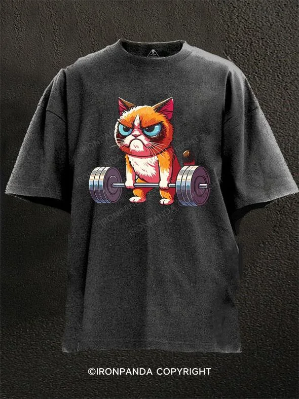 Graphic Tee For Teens-Deadlift Cat Bodybuilding Washed Gym Shirt