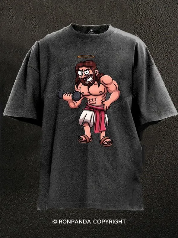 Retro Print T-shirt-Jesus Working Out Washed Gym Shirt