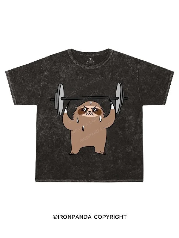 Hand-drawn Graphic T-shirt-sloth weightlifting Kids Washed T-Shirt