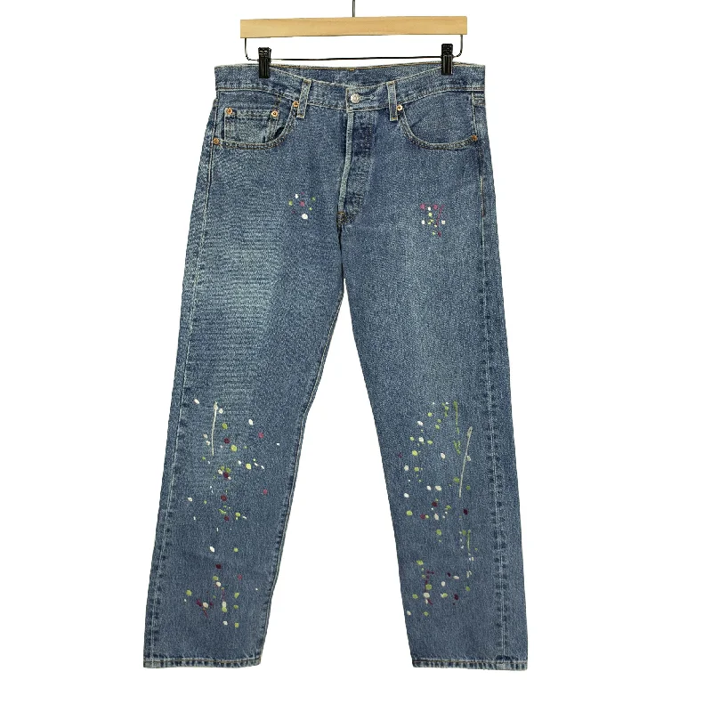 Comfortable Track Pants-Vintage Levis 501 jeans with embroidered paint splatter, medium wash