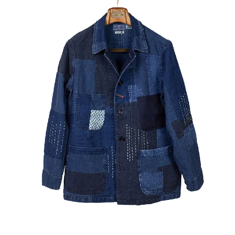 Urban Street Style Jacket-Indigo dyed patchwork coverall jacket in washed linen