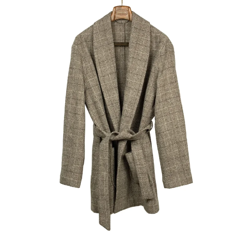 Custom Graphic Bomber Jacket-Exclusive cardigan jacket in taupe windowpane undyed wool herringbone