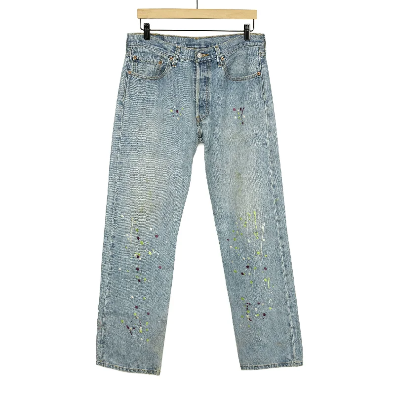 Classic Formal Pants-Vintage Levis 501 jeans with embroidered paint splatter, light wash