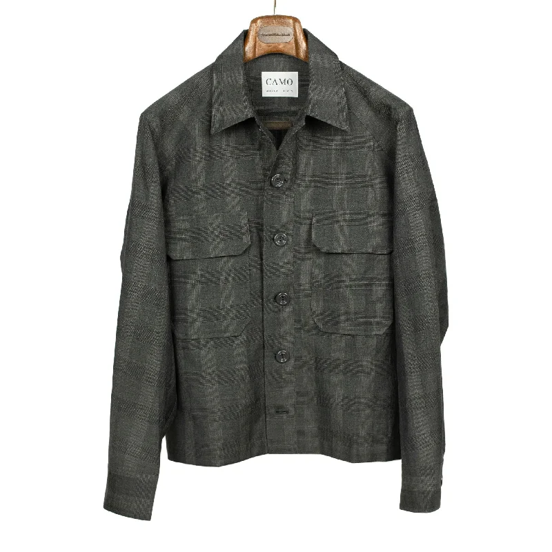 Warm Parka Jacket-Balio shirt jacket in deadstock charcoal plaid wool linen