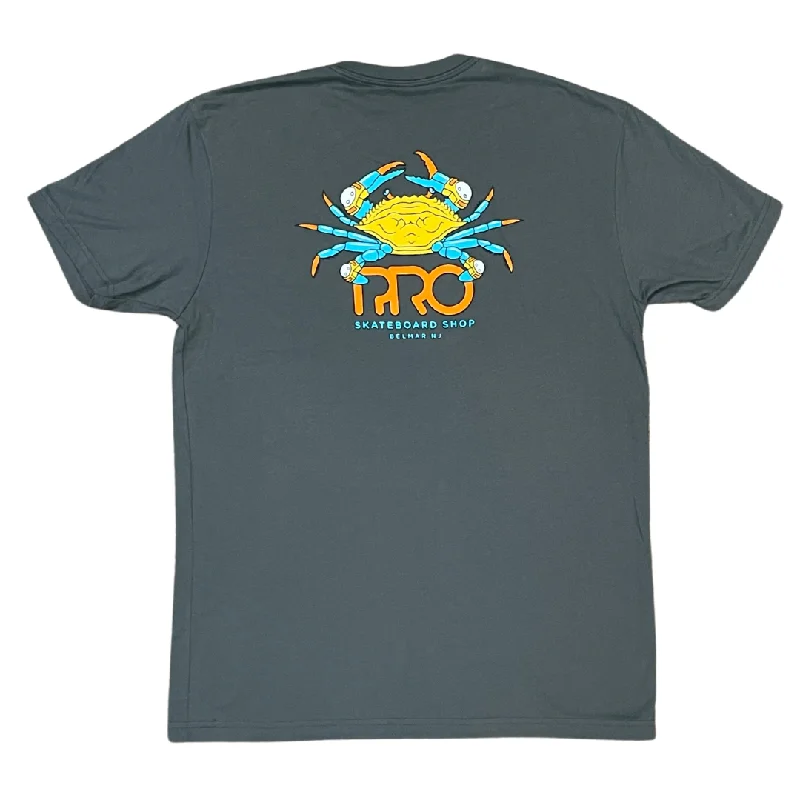 Funny Graphic T-shirt-Pro Skateboard Shop Crab Logo T-Shirt - Heavy Metal Grey