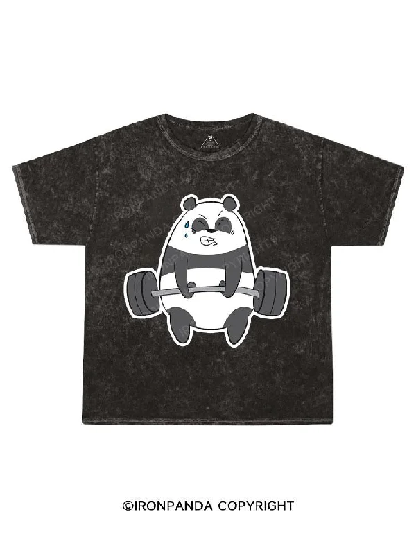 Graffiti Print T-shirt-Panda Weightlifting Kids Washed T-Shirt