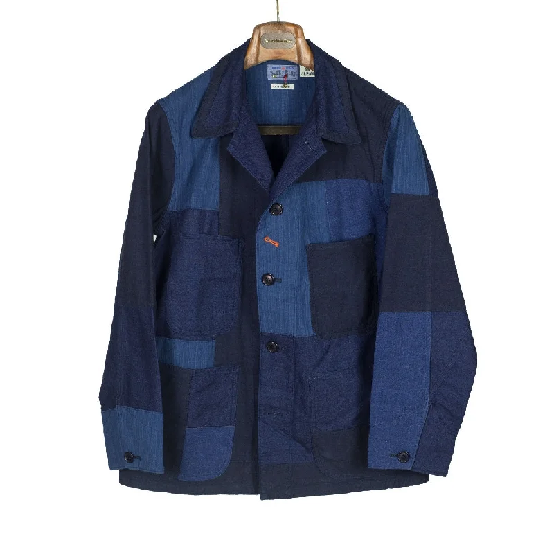 Soft Stretch Jacket-Indigo dyed patchwork coverall jacket in lightweight cotton flannel