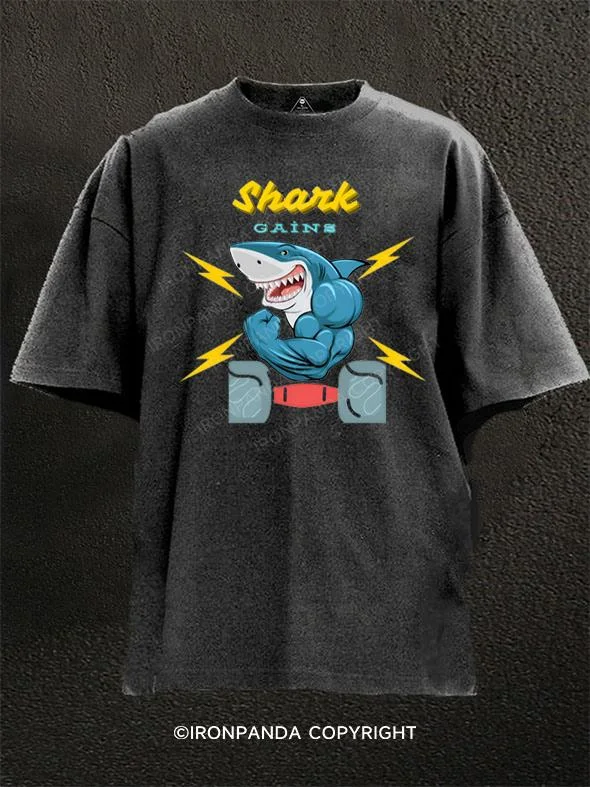 Graphic Tee For Casual Wear-Shark Gains Washed Gym Shirt