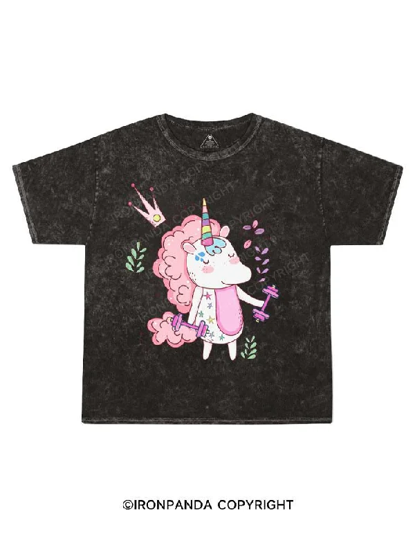 Black Graphic T-shirt-Unicorn Weightlifting Kids Washed T-Shirt