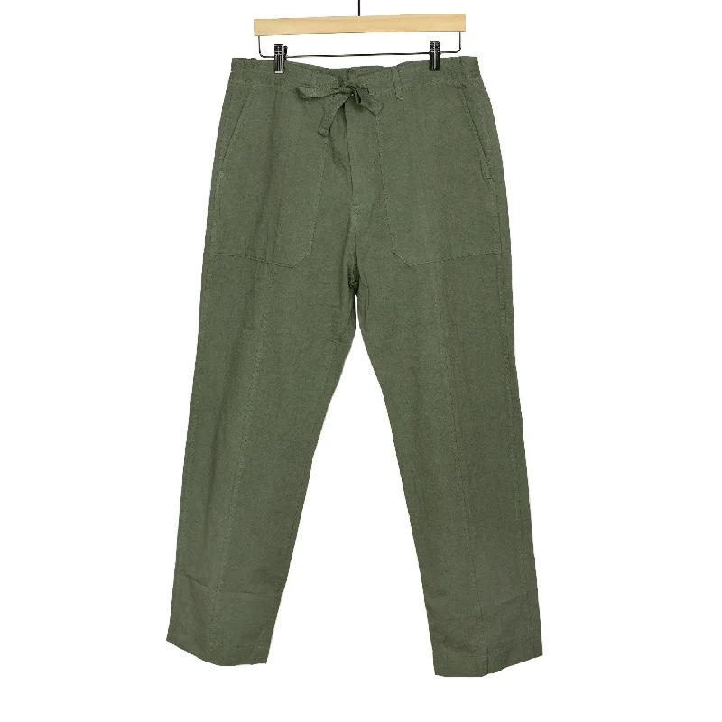 Custom Logo Joggers-Drawstring baker pants in garment dyed olive cotton hemp