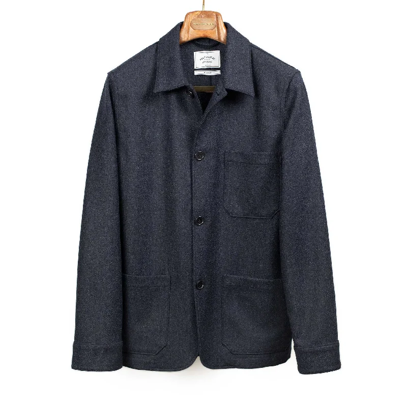 Classic Bomber Jacket-Labura chore coat in navy herringbone brushed virgin wool