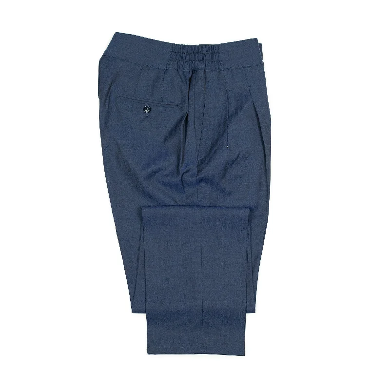 Warm Thermal Pants-Pleated Lounge trousers in navy herringbone wool Solaro