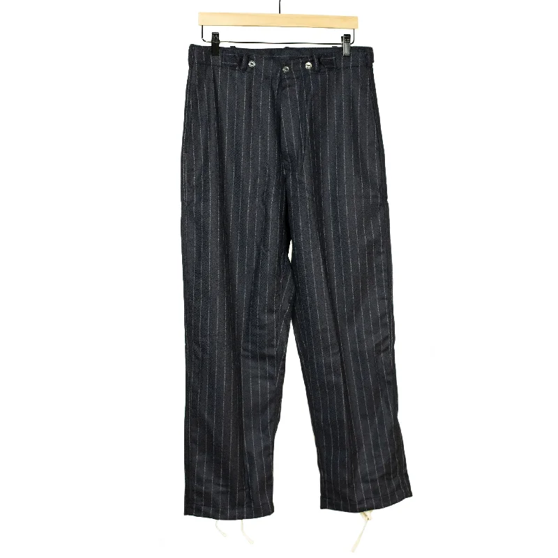 Vintage Denim Tapered Pants-"Pat-a-Cake Pants" in navy chalk stripe wool and cashmere flannel