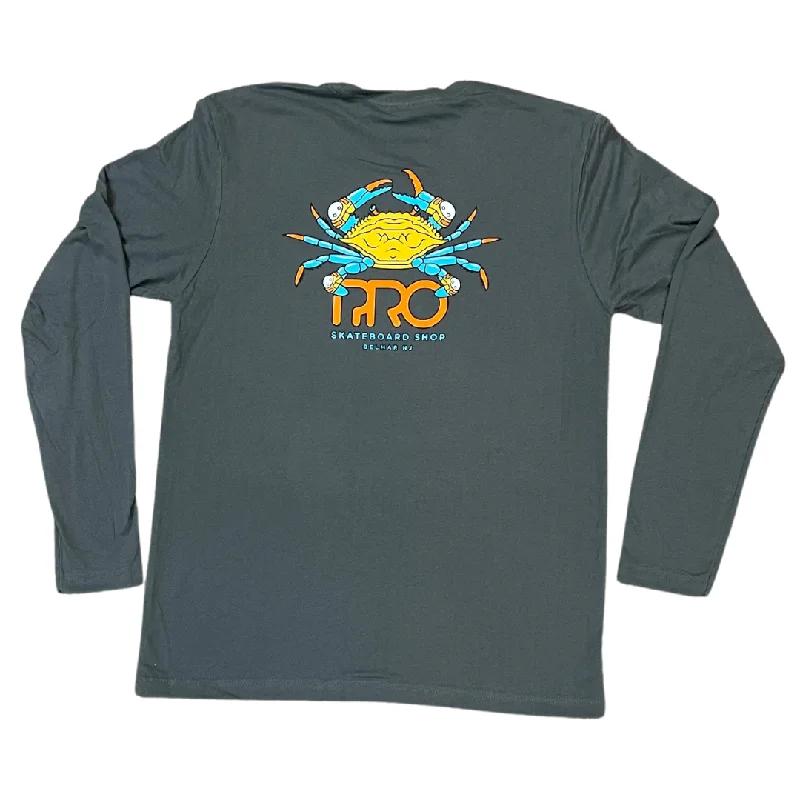 Custom Graphic T-shirt-Pro Skateboard Shop Crab Logo Long Sleeve T-Shirt - Heavy Metal Grey