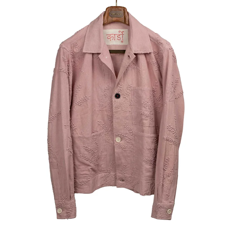 Soft Cotton Zip-up Jacket-Hand-embroidered Bodhi jacket in pink cotton and hemp